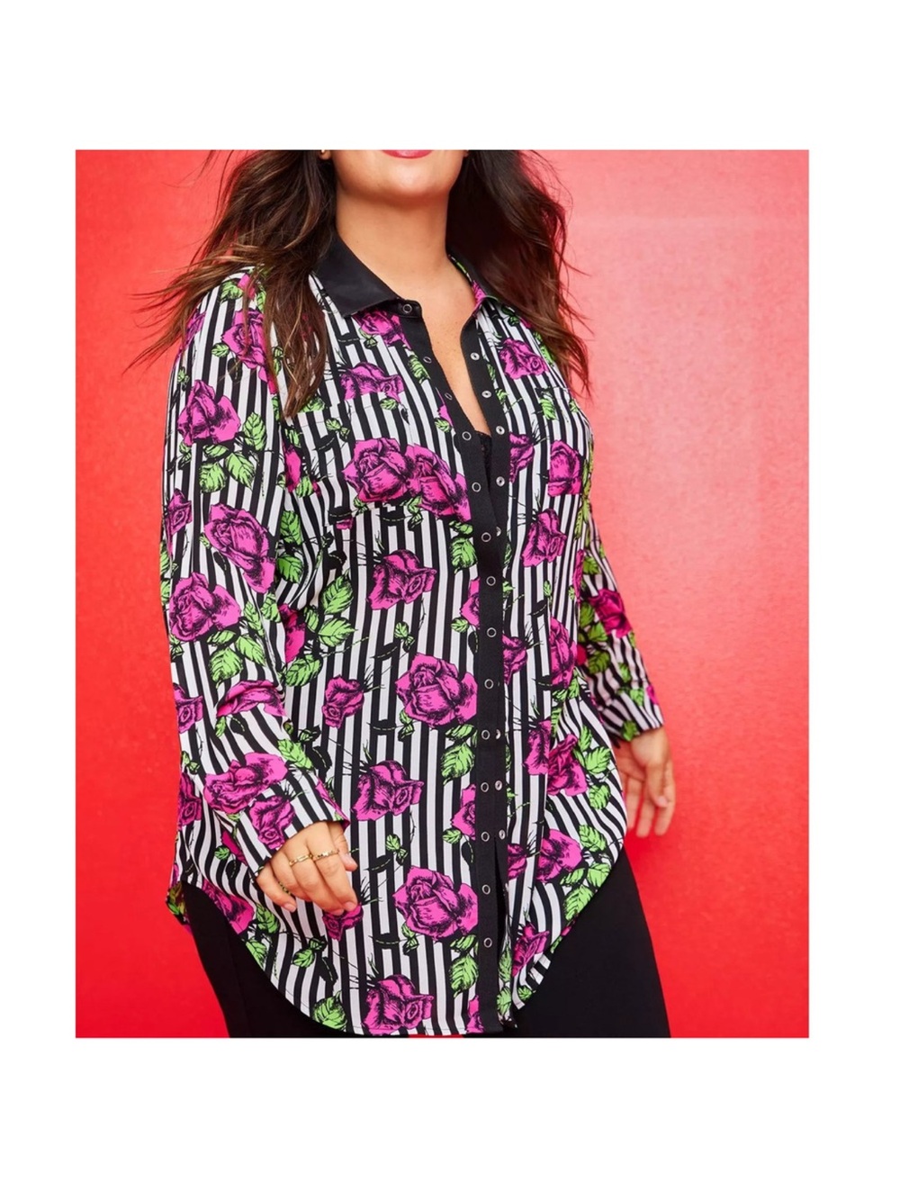 Torrid Betsy Johnson Plus Size Floral Stripe Button-Up Shirt - Black & Pink